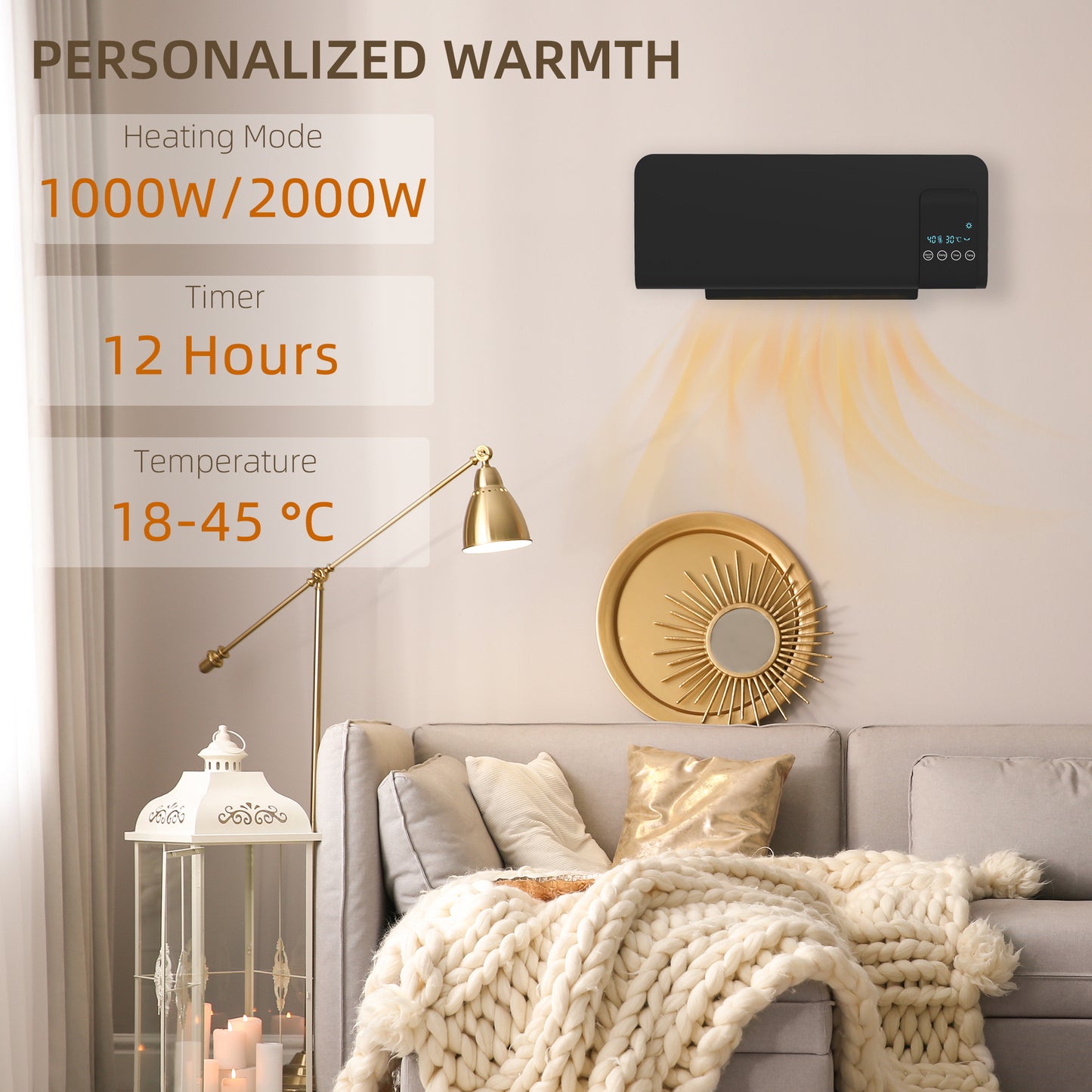 HOMCOM 2000W Wall Mounted Heater, 18-45Â°C Temperature, Black