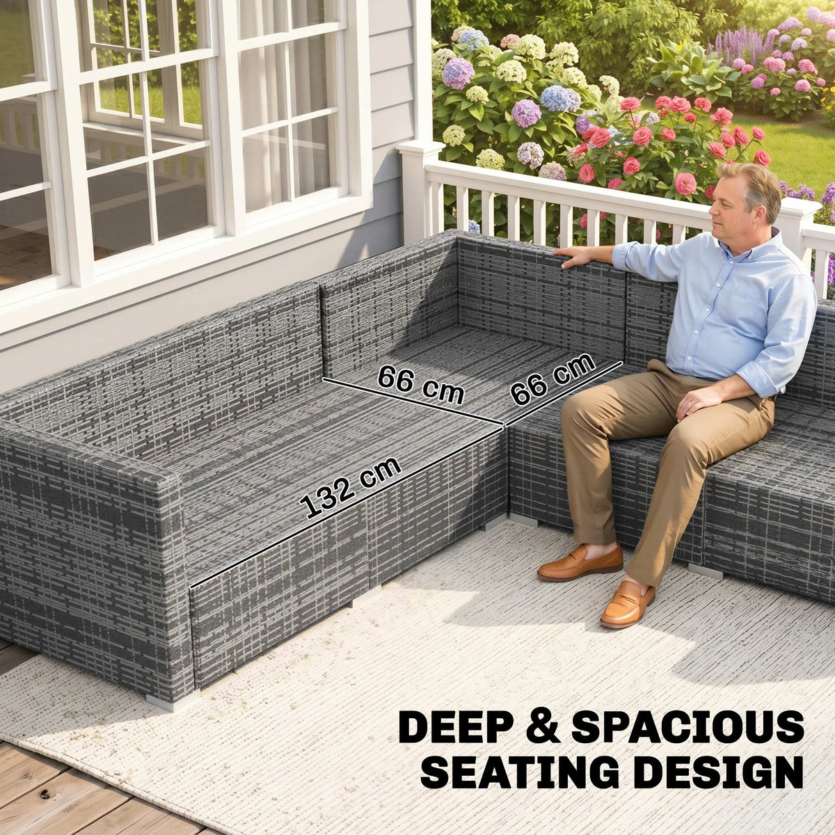 Outsunny Luxury 5 Seater Rattan Garden Furniture Set, 4 Pieces Outdoor Patio Conversation Set with Wide Seats, 220gsm Polyester Cushions, Tempered Glass Table, Corner Sofa, Loveseat, Grey