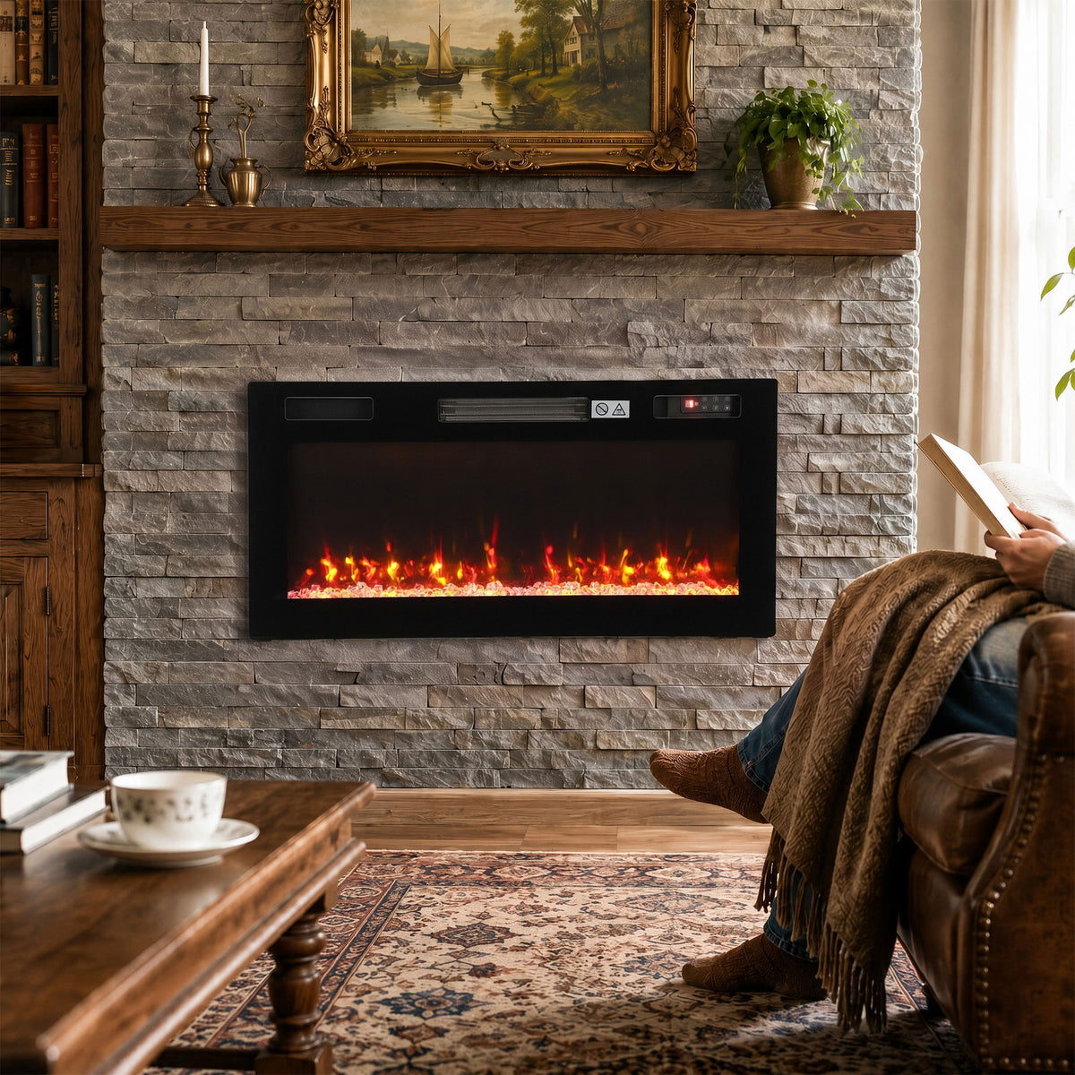 HOMCOM Ultra-Thin Electric Fire Wall Mounted/Recessed/Freestanding 92cm/36" Electric Fireplace with 12 Colours, 5 Brightness