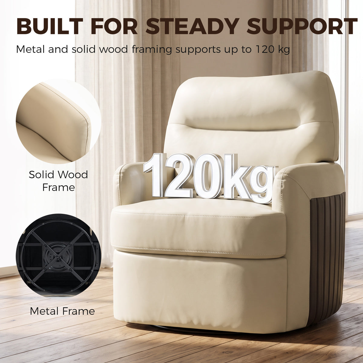 HOMCOM 360Â° Swivel Accent Chair, Modern Armchair with Thick Cushion, PU Leather Upholstered, Cream White