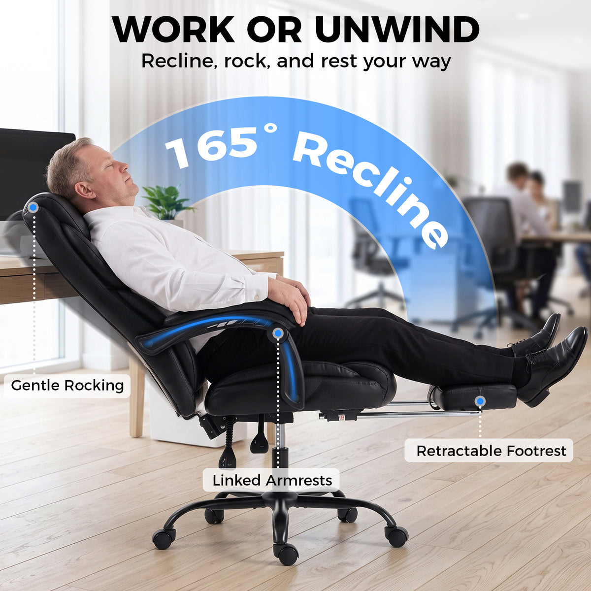HOMCOM Executive Office Chair, 180kg Big and Tall PU Desk Chair with Linked Armrests, Pocket Spring Cushion, Adjustable Height, Rocking Function, 165Â° Reclining Backrest, Footrest, PU Casters, Black