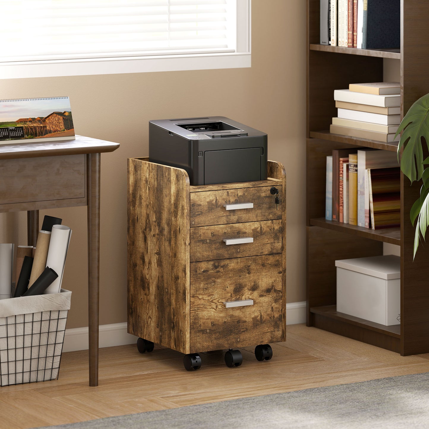 HOMCOM 3 Drawer Filing Cabinet with Lock, Rolling File Cabinet with Edged Top for Letter, A4 Size, Hanging File Folders