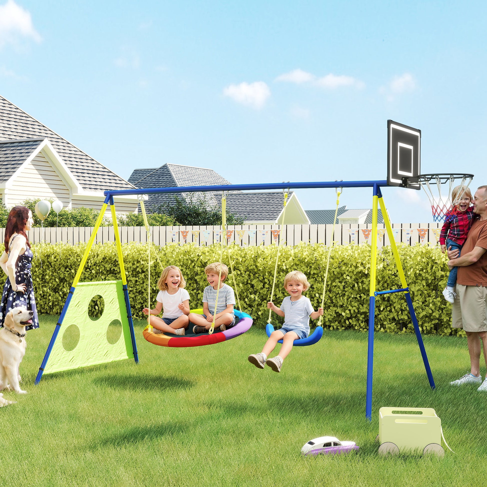 AIYAPLAY 4-in-1 Kids Swing Set with Saucer Swing, Basketball Hoop and Football Goal, Outdoor Playground Playset for Garden