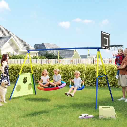 AIYAPLAY 4-in-1 Kids Swing Set with Saucer Swing, Basketball Hoop and Football Goal, Outdoor Playground Playset for Garden