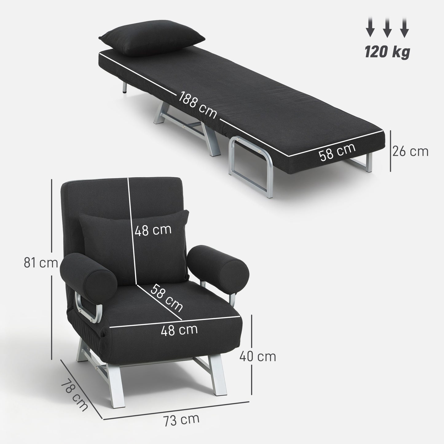 HOMCOM Single Sofa Bed, 3-in-1 Convertible Folding Chair Bed with Adjustable Backrest, Removable Armrests, Black