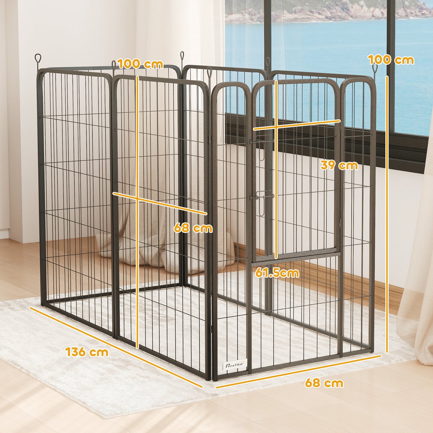 PawHut Six-Panel Dog Playpen with Door, for Large Dogs, Indoors, Outdoors, 100cm Tall, Black
