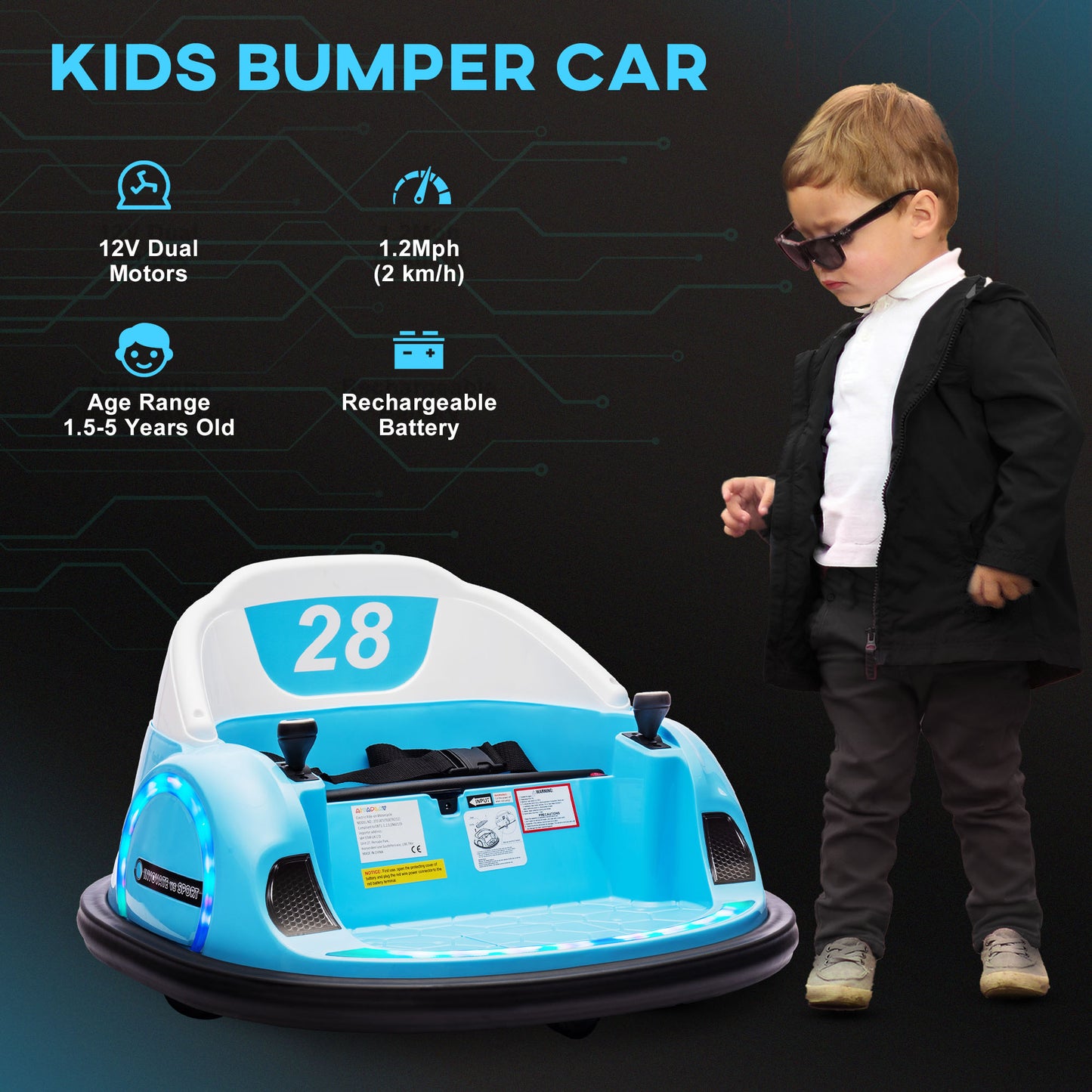 AIYAPLAY 360Â° Rotation Kids Bumper Car, 12V Waltz Car with Remote Control, Dual Joystick, Music, Lights, Light Blue