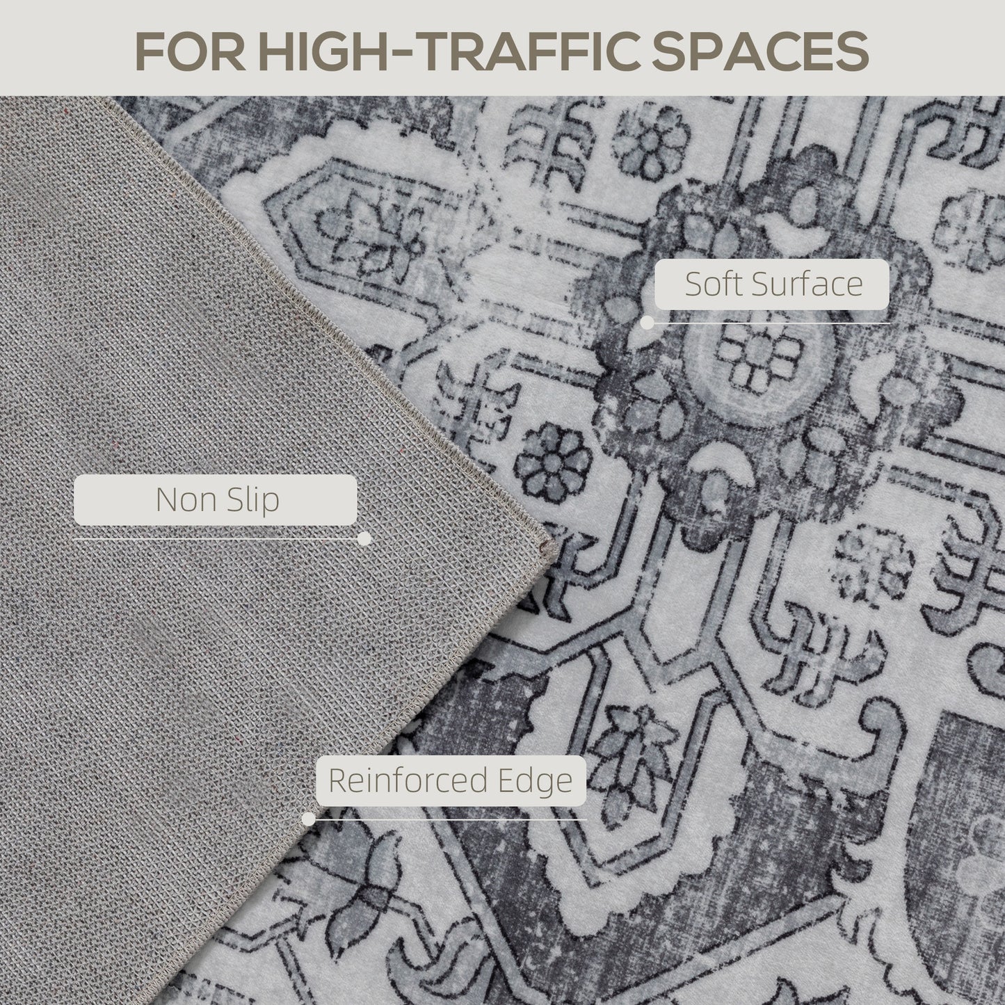 HOMCOM Vintage Area Rug, Non-Slip Washable Rug, Flannel Floor Carpet for Living Room, Bedroom, Dining Room, Home Office, 290 x 200 cm, Grey