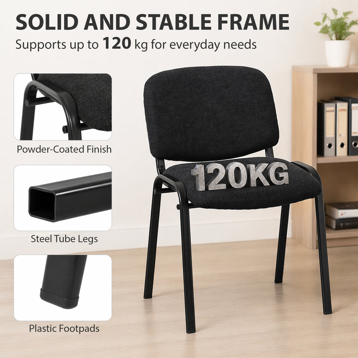 HOMCOM Linen-Look Fabric Reception Chairs, Stackable Meeting Chairs Set of 2 with Backrest, Padded Seat for Office, Black