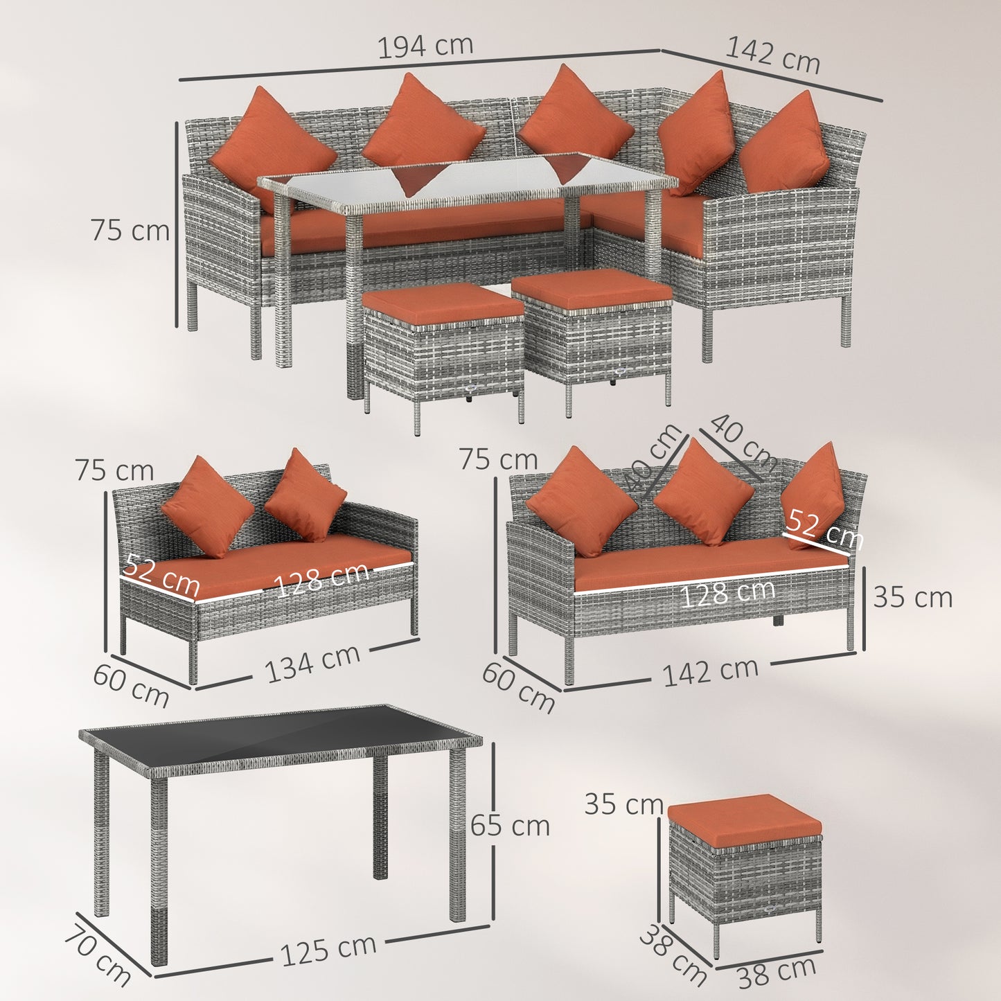 Outsunny 6-Seater Rattan Dining Set Sofa Table Footstool Outdoor w/ Cushion Garden Furniture, Orange