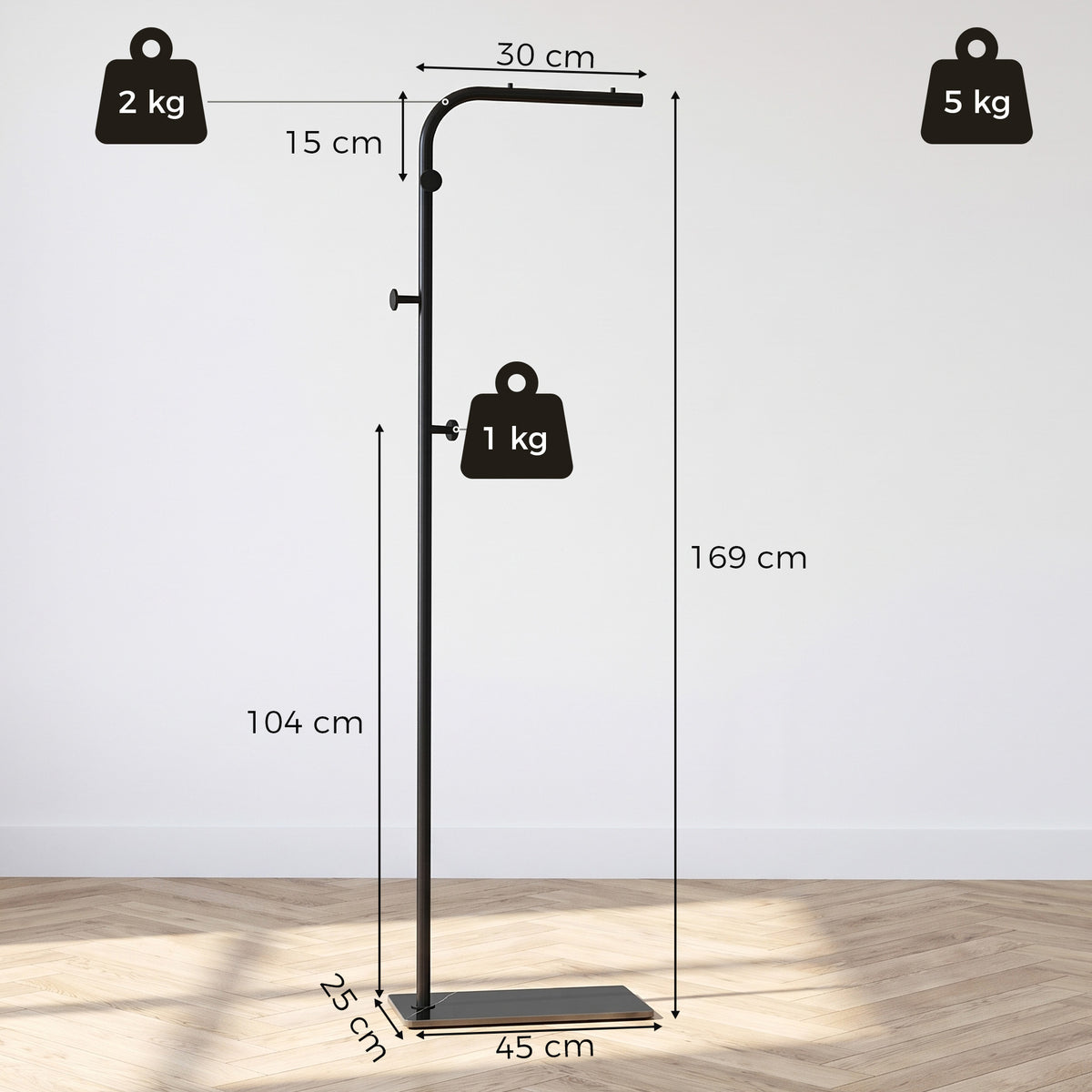 HOMCOM Clothing Rack with 3 Side Hooks, Garment Rack with Marble Base, 45 x 25 x 169 cm, for Bedroom, Bathroom, Black