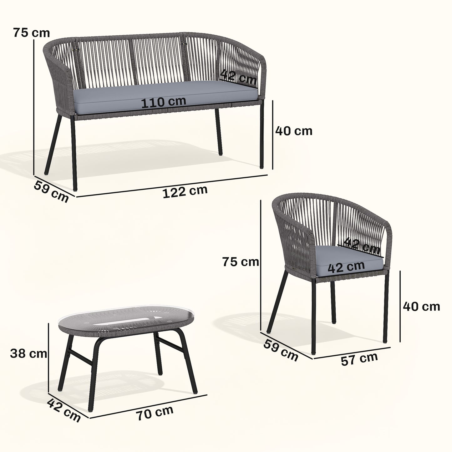 Outsunny 4 Piece Garden Furniture Set, Rope Garden Sofa Set with 1 Loveseat 2 Chairs Tempered Glass Table Cushions, Dark Grey