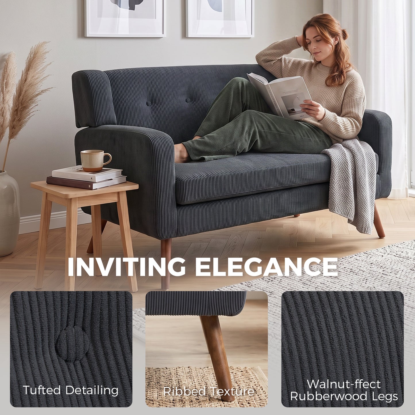 HOMCOM 2 Seater Sofa, 118 cm Corduroy Small Loveseat with Spring Cushion, Wood Legs for Small Space, Living Room, Dark Grey