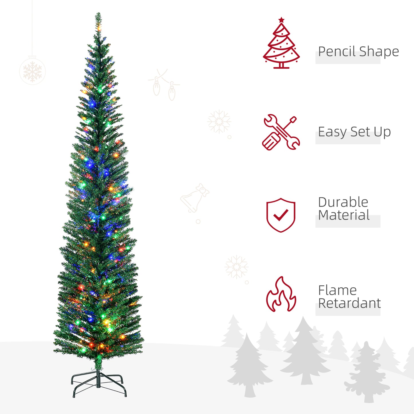 HOMCOM 7.5' Artificial Prelit Christmas Trees Holiday DÃ©cor with Colourful LED Lights, Pencil Shape, Steel Base