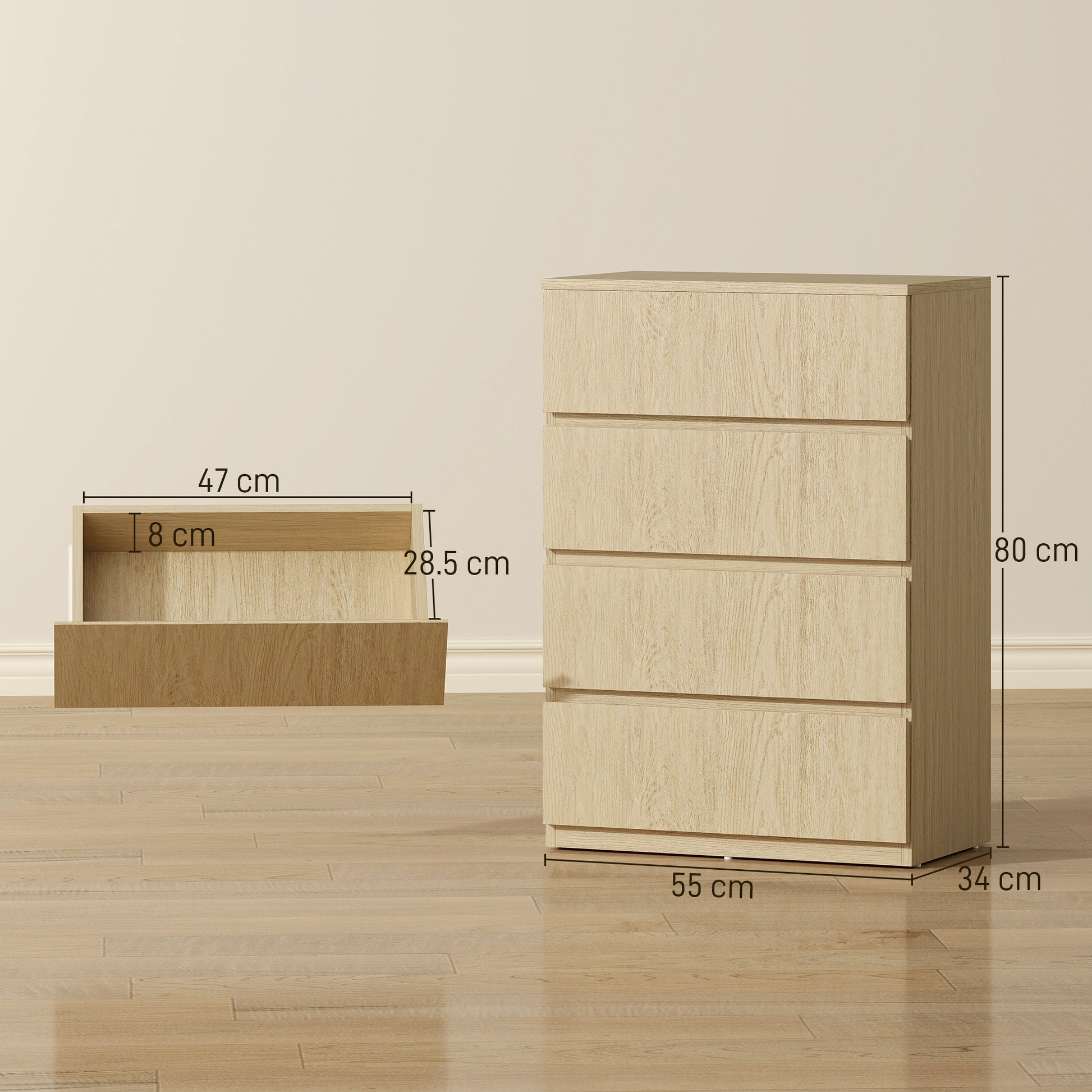 HOMCOM Chest of Drawers, 4-Drawer Storage Cabinets, Modern Dresser, Storage Drawer Unit for Bedroom