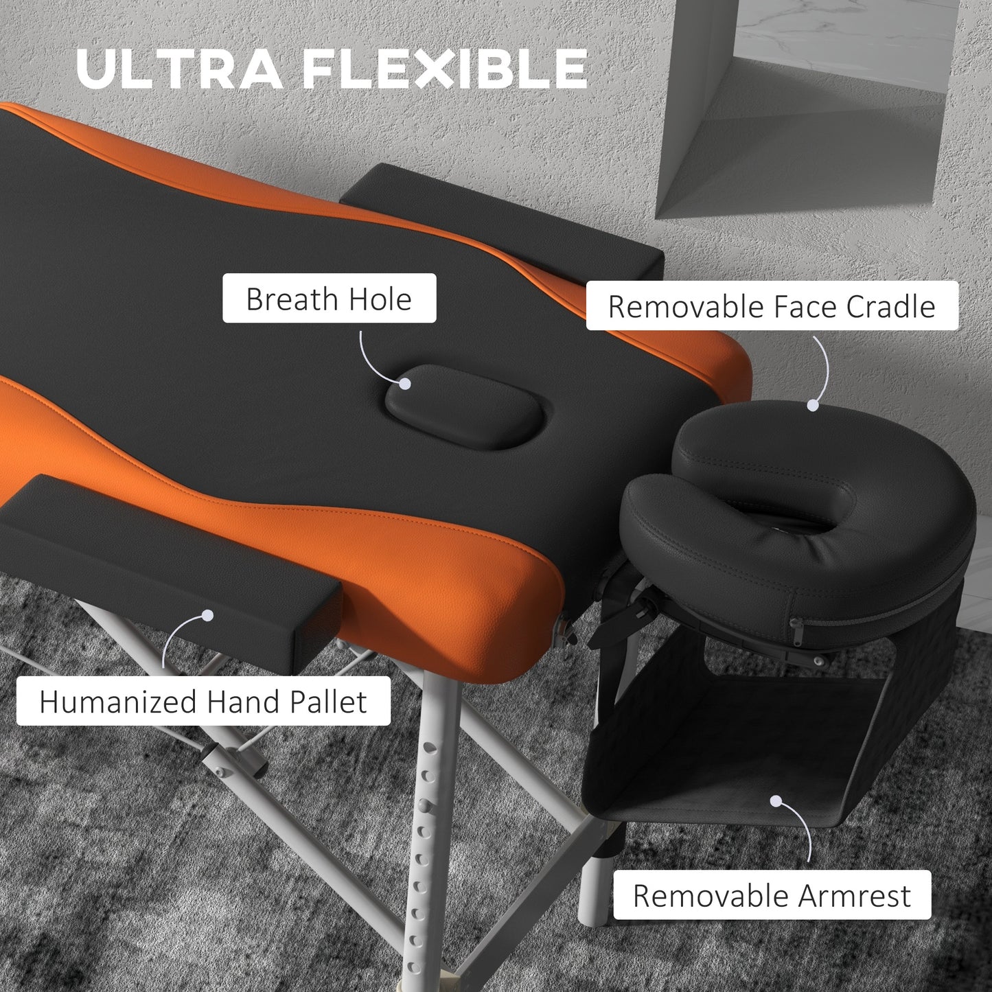 HOMCOM Foldable Massage Bed Portable Table, 3-Section Aluminium Foldable Beauty Couch, Professional Salon Spa Table with Headrest Support and Carry Bag, 60 cm Width, Black and Orange