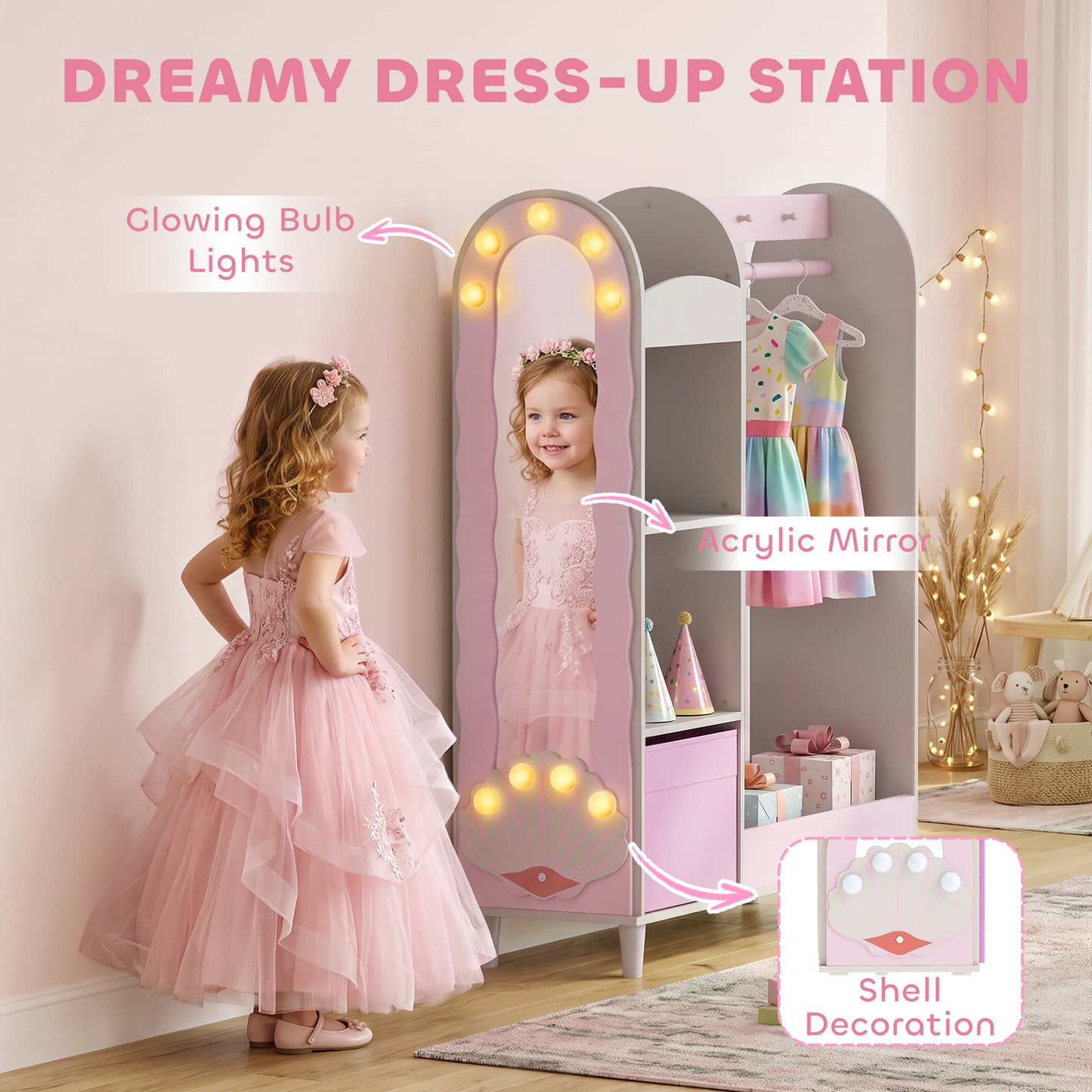 AIYAPLAY Kids Clothing Rack, Kids Wardrobe with Glowing Lights Mirror, Non-Woven Drawer and Shelves for Bedroom, Ages 3-8, Pink