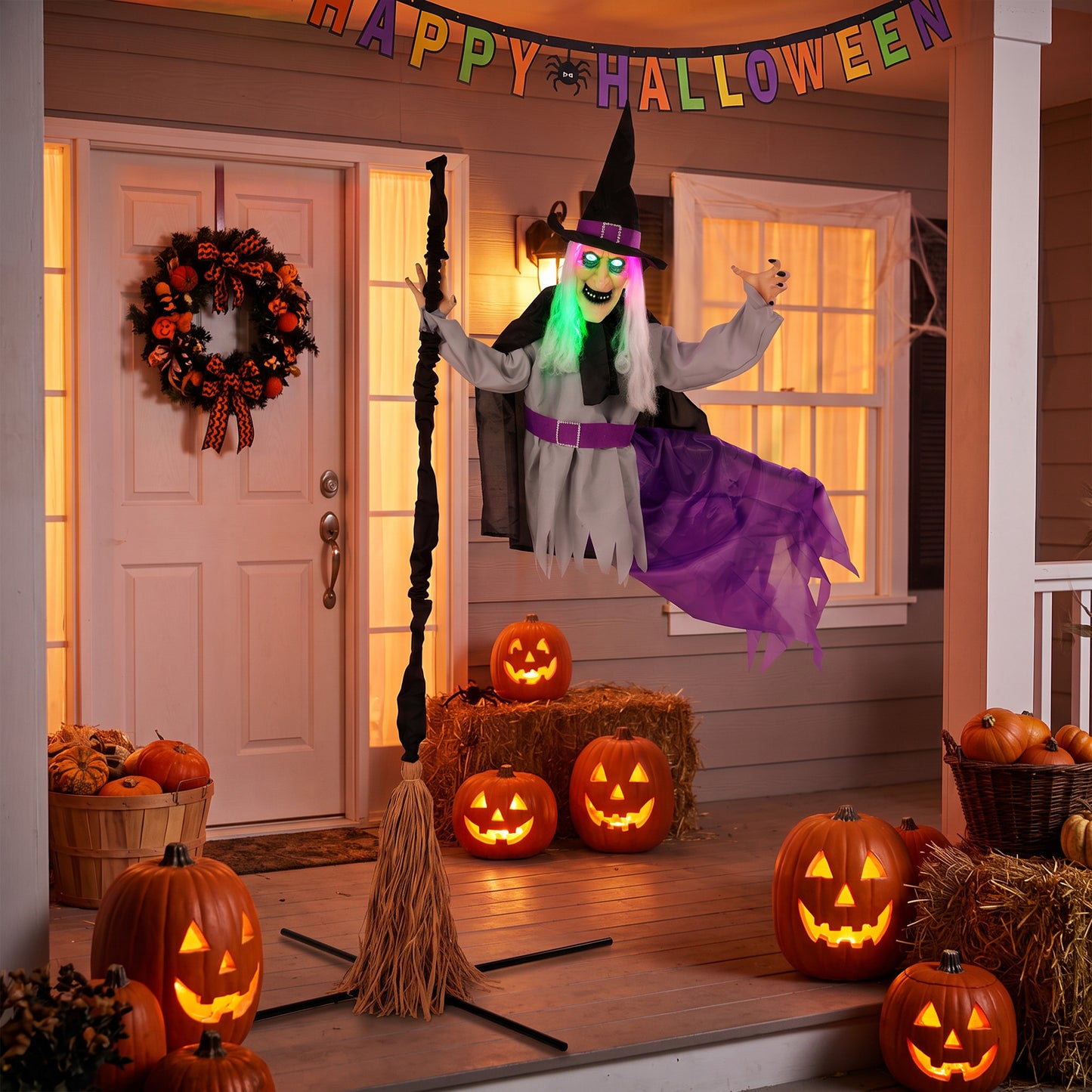 HOMCOM 200cm Life Size Animated Flying Witch Halloween Decorations Outdoor Indoor, Scary Halloween Animatronics Decor