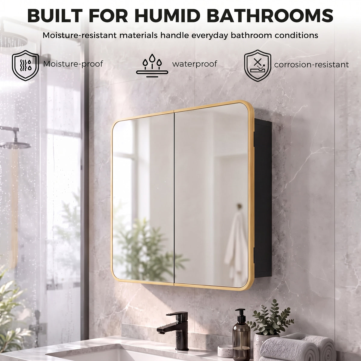 HOMCOM Bathroom Medicine Mirror Cabinet, Bathroom Wall Cabinet with Storage, Magnetic Doors and Adjustable Shelf, Natural