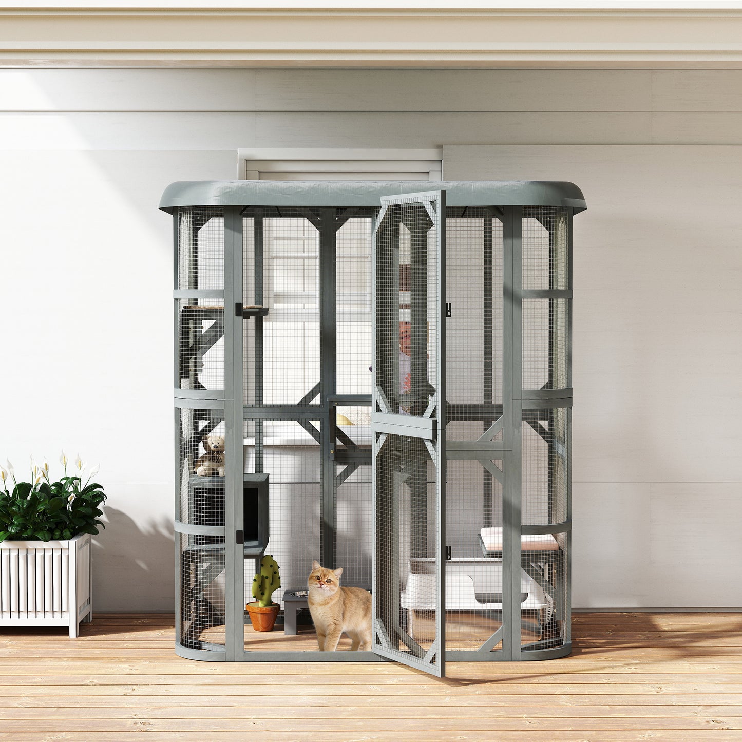 PawHut Catio Outdoor Cat Enclosure,  Wooden Cat House with Platforms, Condo and Waterproof Cover for 2â€“3 Kittens, Grey