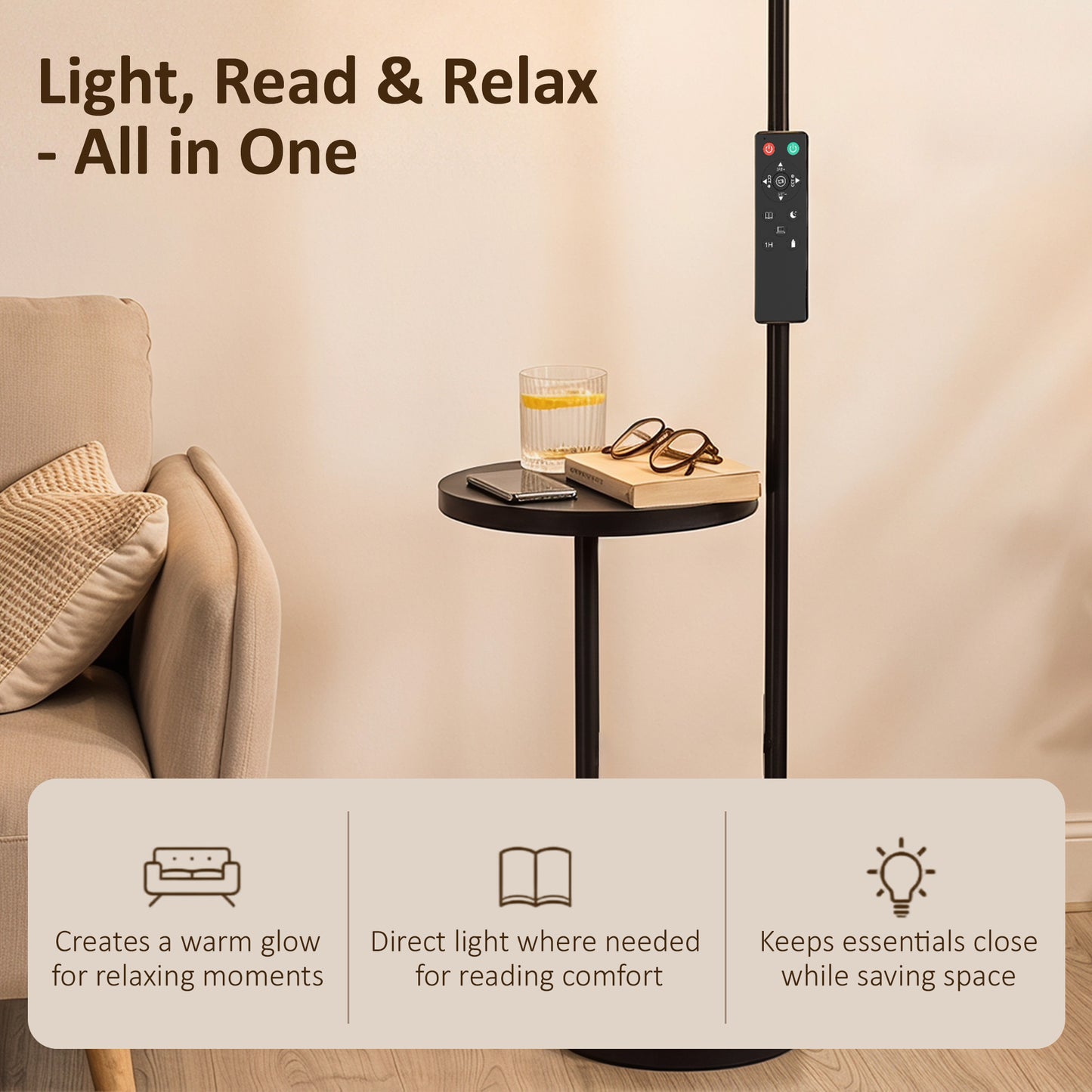 HOMCOM Uplighter Floor Lamp with Table and Reading Light, Dual Light Dimmable Standing Lamp with Remote & 4 Colour Temperatures