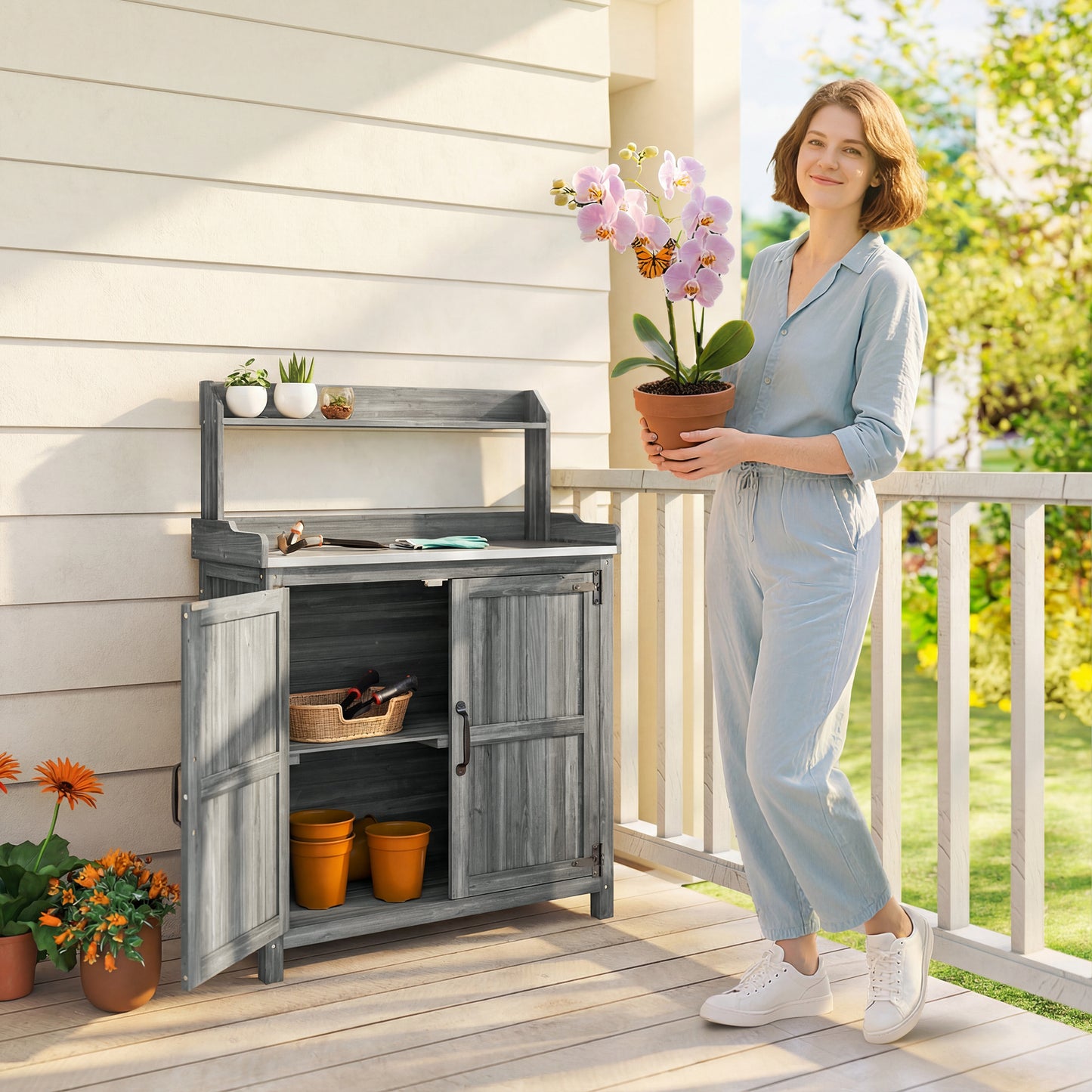 Outsunny Wooden Potting Bench Table with Aluminium Worktop, Outdoor Garden Workbench with Top Shelf and Cabinet Storage