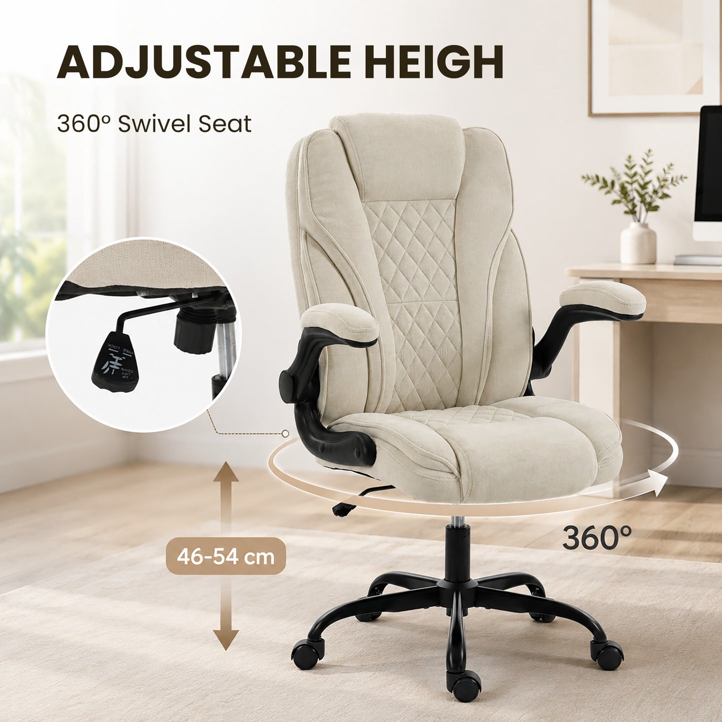 HOMCOM Office Chair, Ergonomic Desk Chair with Flip-up Armrest, Pocket Springs, Swivel Wheels, Adjustable Height, Beige