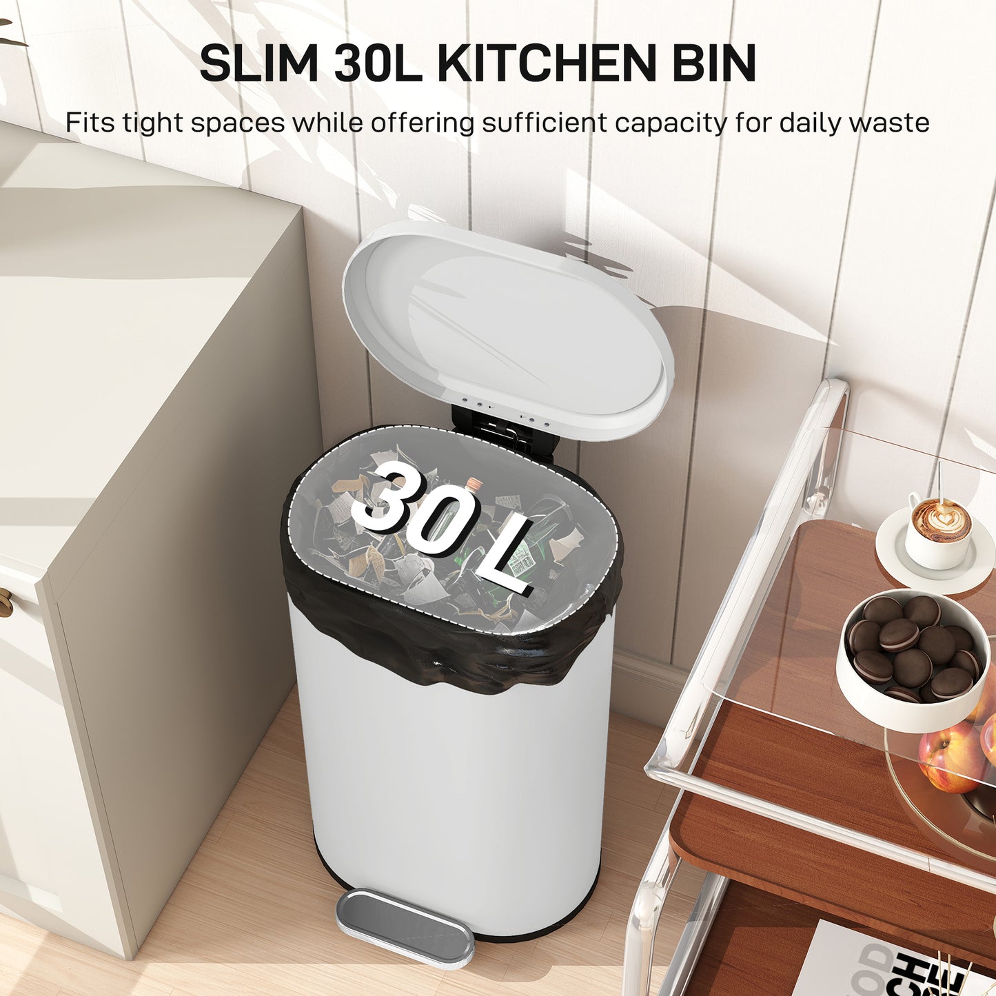 HOMCOM 30 L Modern Curved Kitchen Bin - Cream
