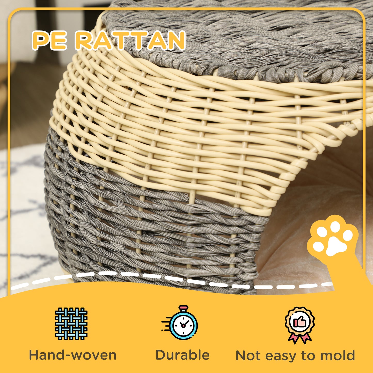 PawHut Wicker Cat House, Rattan Raised Cat Bed, Cosy Kitten Cave with Soft Washable Cushion, Î¦40 x 30cm