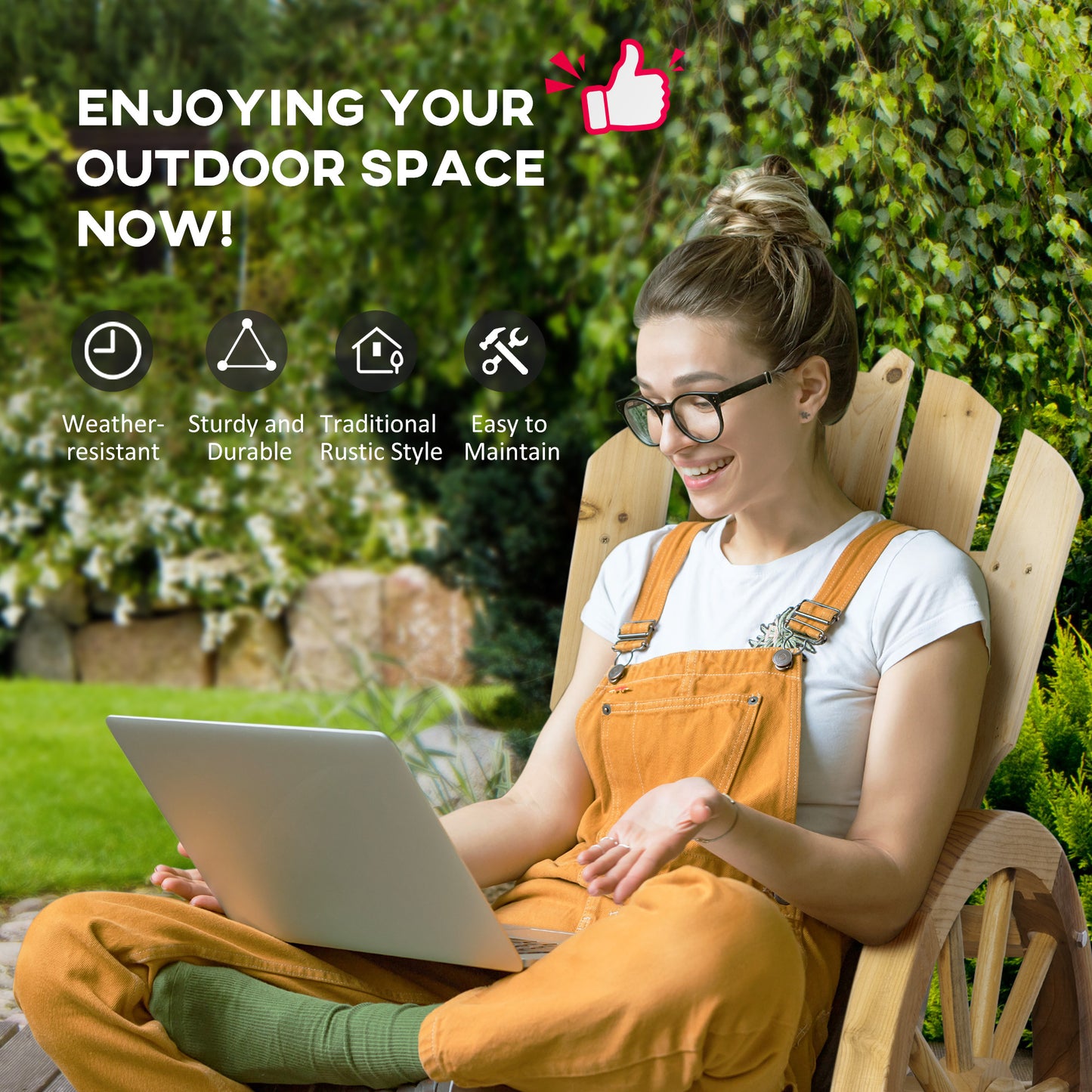 Outsunny 2 Piece Wooden Adirondack Rocking Chair Reclining Armchair Outdoor Garden Furniture Patio Porch Rocker - Natural