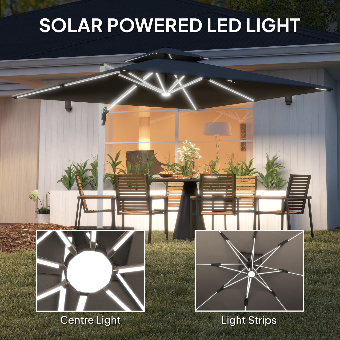 Outsunny 3(m) Garden Cantilever Parasol with Solar LED Lights, Cross Base, 360Â° Rotation, Crank Handle and Tilt, Grey