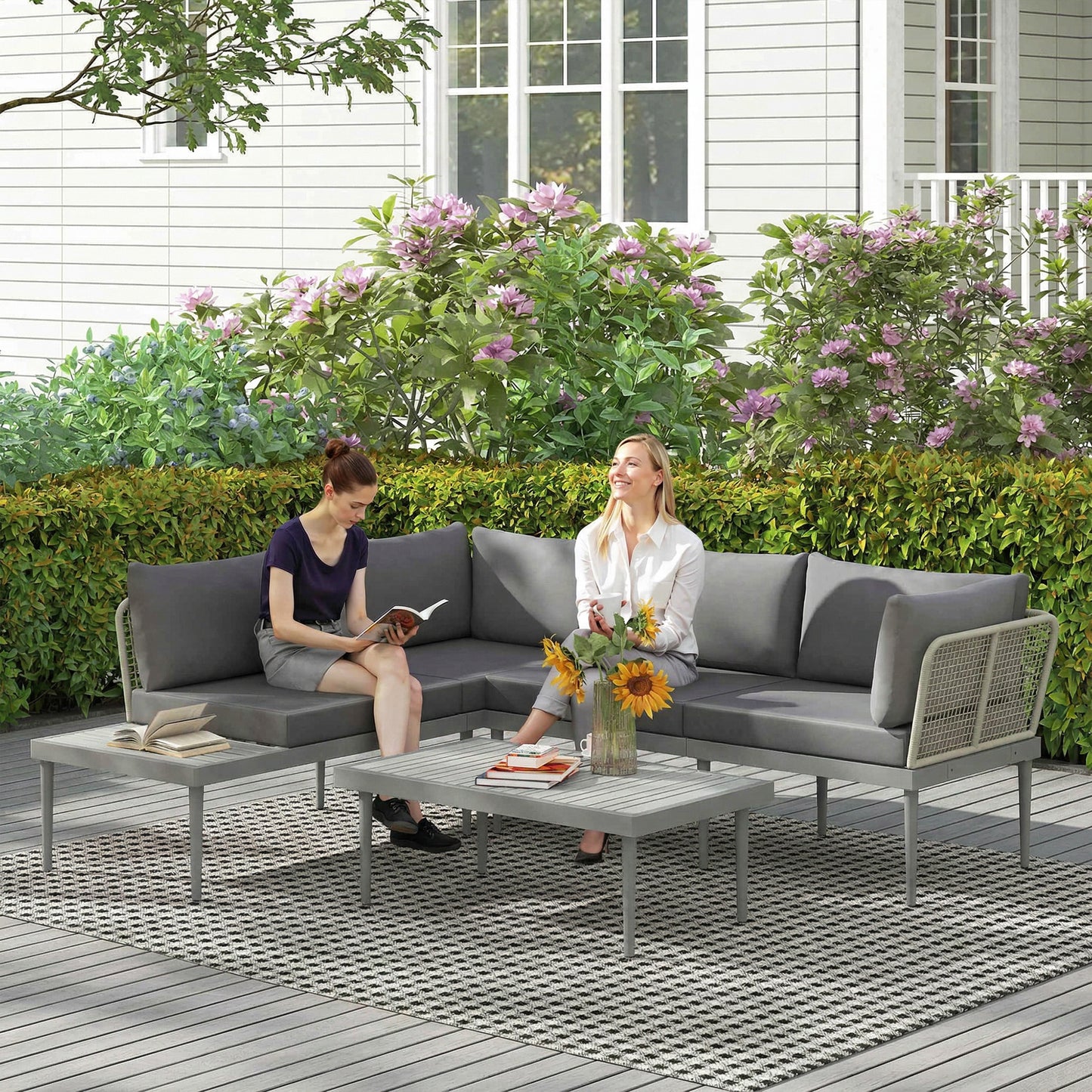 Outsunny Thee-Piece 'L' Rattan Sofa Set - Grey