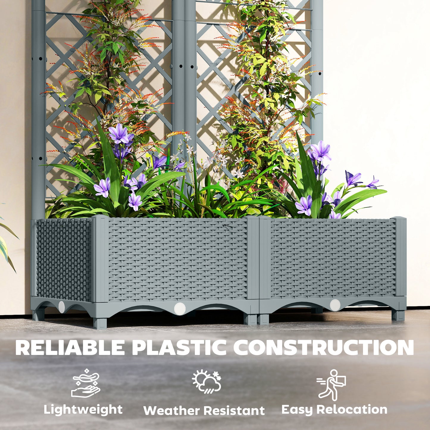 Outsunny Raised Garden Bed with Trellis, Plastic Planter Box with Drainage Holes, Drain Plugs and Water Reservoirs for Climbing Plants, Vegetables, Flowers, Grey