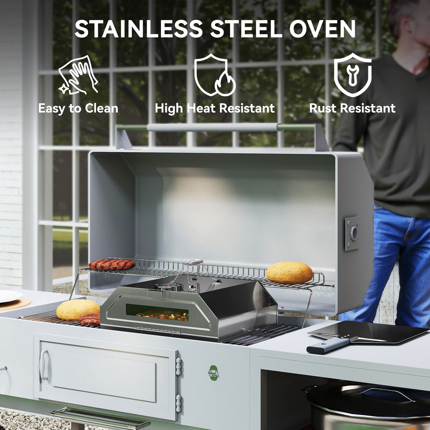 Outsunny 8 in Portable Stainless Steel BBQ Grill Top Pizza Oven with Built-in Thermometer and Viewing Window for Gas and Charcoal BBQ Grills, Includes Carry Handles, Pizza Stone and Peel, Silver Tone