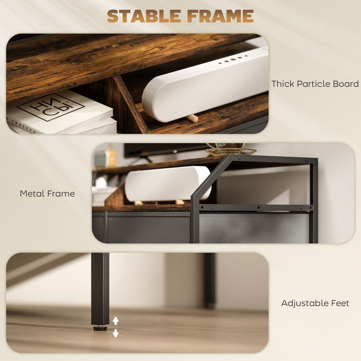 HOMCOM TV Stand Cabinet, TV Unit for 55-inch TVs with 2 Foldable Fabric Drawers, 5 Divided Side Pockets, Open Shelves, Console Table for Living Room, Bedroom, Entertainment Room, Rustic Brown