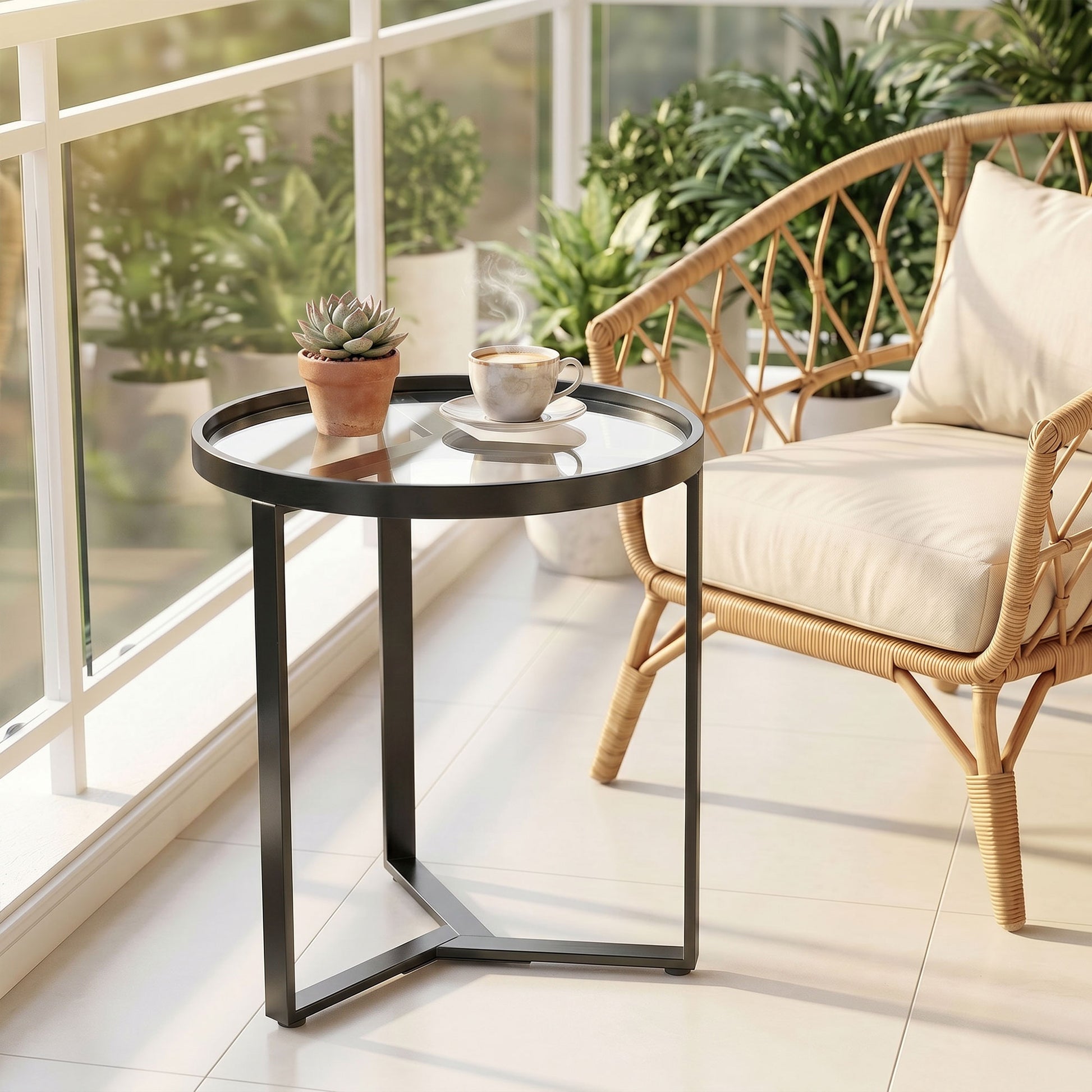 HOMCOM Round Side Table with Tempered Glass Top and Geometric Metal Frame for Small Space, Black