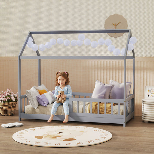 HOMCOM House-Shaped Kids Bed Frame with Guard Rails, Solid Pine Wood Single Bed Frame for Kids Boys and Girls, Grey