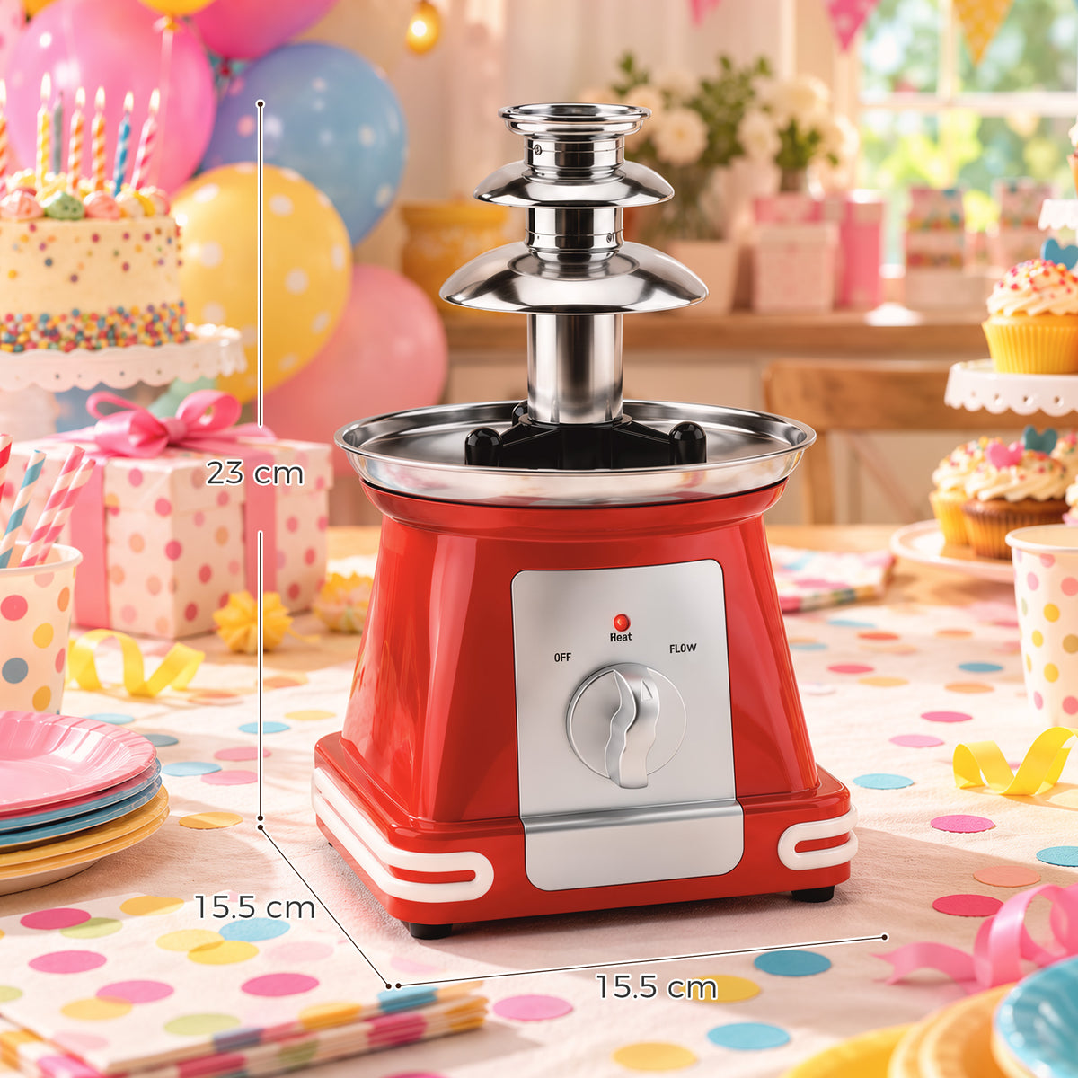 HOMCOM Stainless Steel Chocolate Fountain, 3-Tier 270 ml Electric Fondue Set with Hot Melting Pot Base for Parties, Red