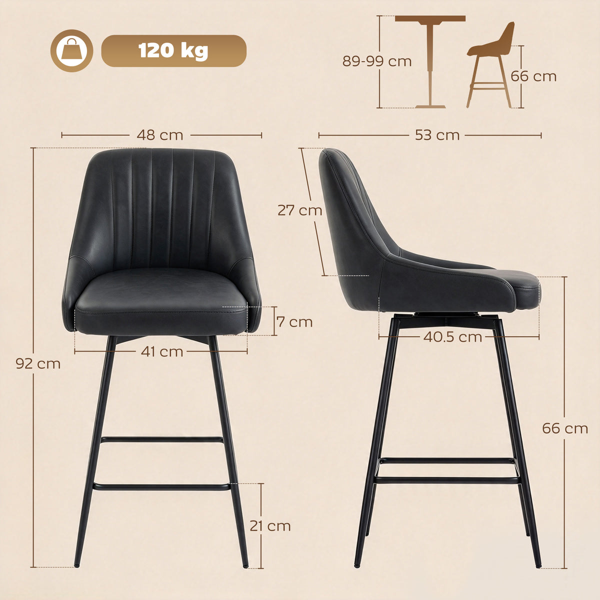 HOMCOM Bar Stools Set of 2, Swivel Counter Height Barstools with PU Leather, for Kitchen Island, Dining Room, Dark Grey