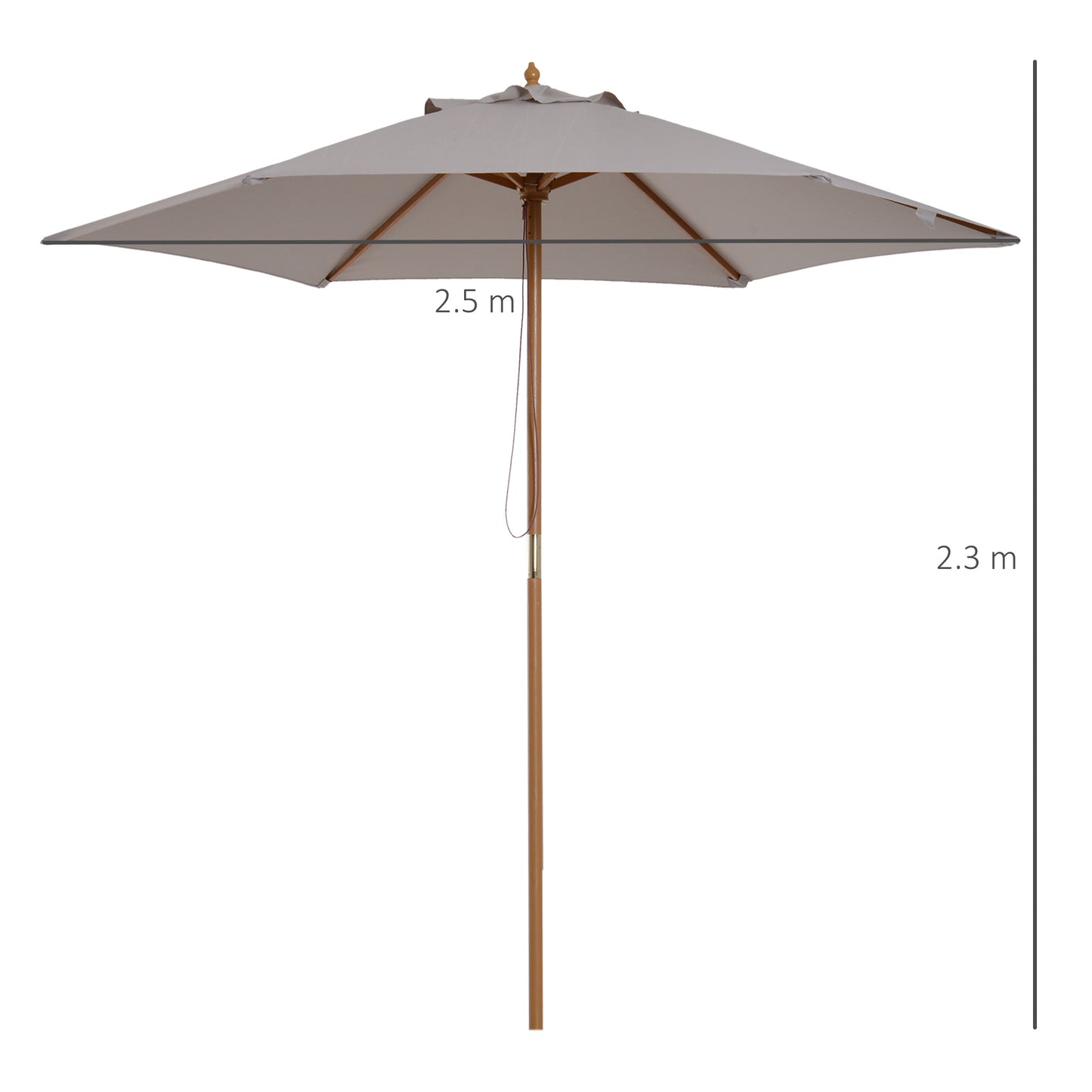 Outsunny 2.5m Wood Garden Parasol Sun Shade Patio Outdoor Wooden Umbrella Canopy, Table Market Umbrella with Vent, 38mm Pole, Rope Pulley Mechanism, Grey