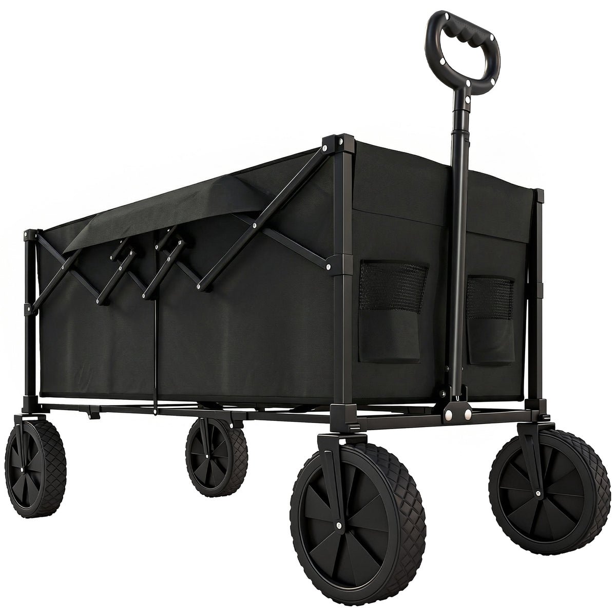 Outsunny 95L Foldable Festival Trolley on Wheels, Collapsible Wagon Cart with Adjustable Handle and 2 Cup Holders, Black Default Title