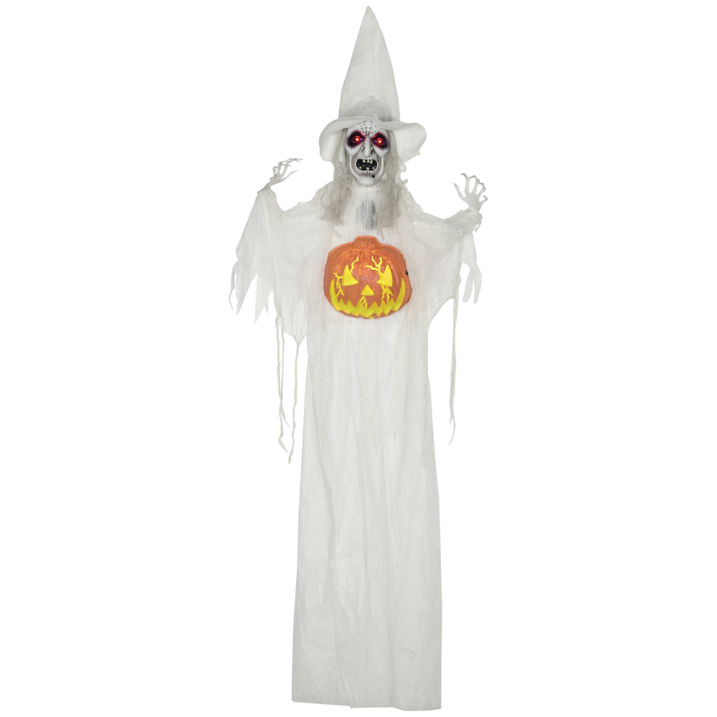 HOMCOM 6ft Outdoor Halloween Decoration Witch with Pumpkin, Hanging Skeleton Witch Prop Life Size with Sound and Motion Activated, Light Up Eyes, Laughing Sound, Posable Arms, White Default Title