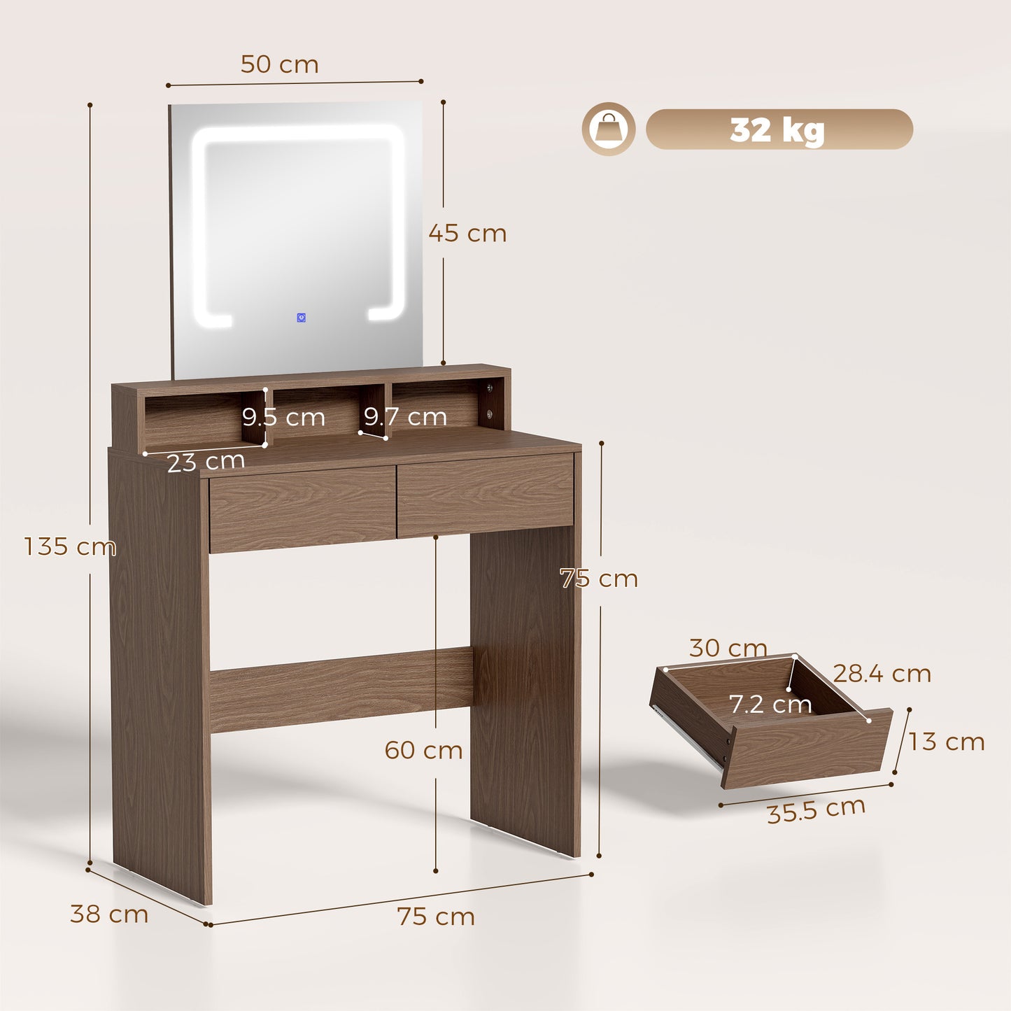 HOMCOM Vanity Table, Dressing Table with Mirror, LED Lights, 2 Drawers, 3 Compartments, 3 Colour Lighting, Walnut