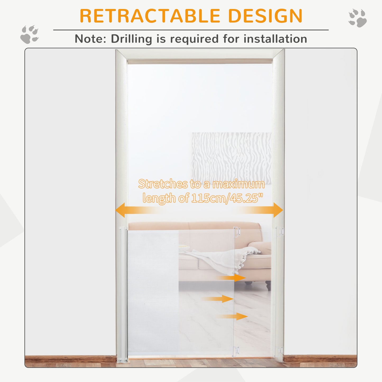 PawHut Retractable Stair Gate,  Dog Pet Barrier, for Doorway, Staircase, Hallway - White