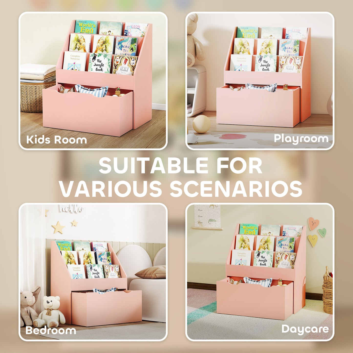 AIYAPLAY Bookcase for Kids with Shelves, Drawer, Bookcase for Bedroom, Playroom, Pink