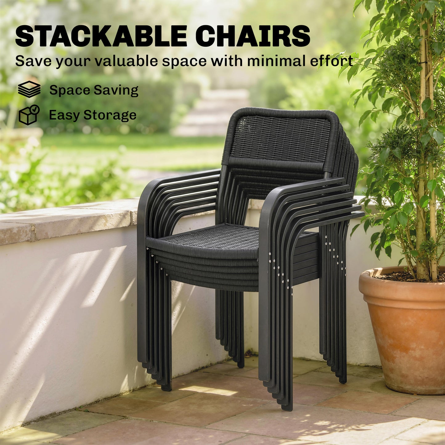 Outsunny Garden Dining Set for 6, Faux Wood Metal Outdoor Table and Stackable Chairs with Plastic Rattan Effect Seat, Black