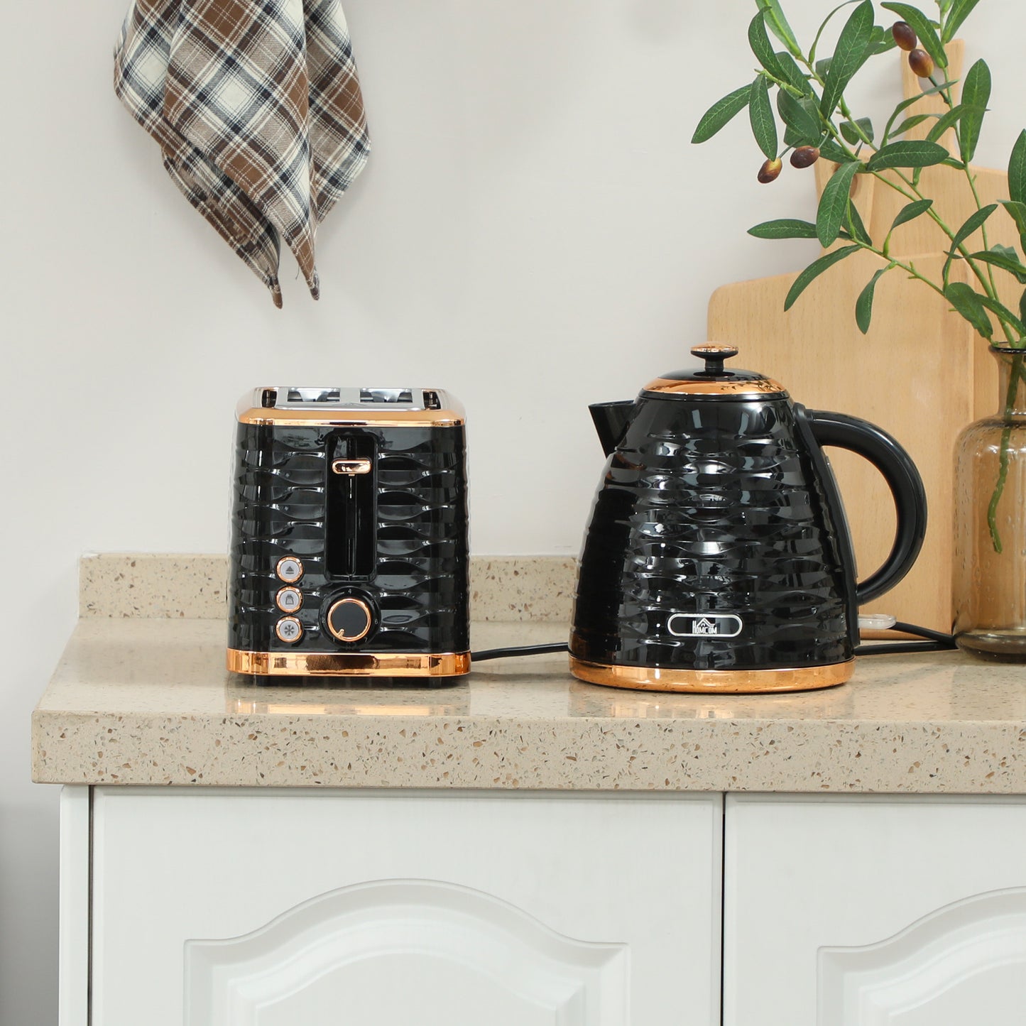 HOMCOM 3000W 1.7L Rapid Boil Kettle & 2 Slice Toaster, Kettle and Toaster Set with 7 Browning Controls and Crumb Tray, Black