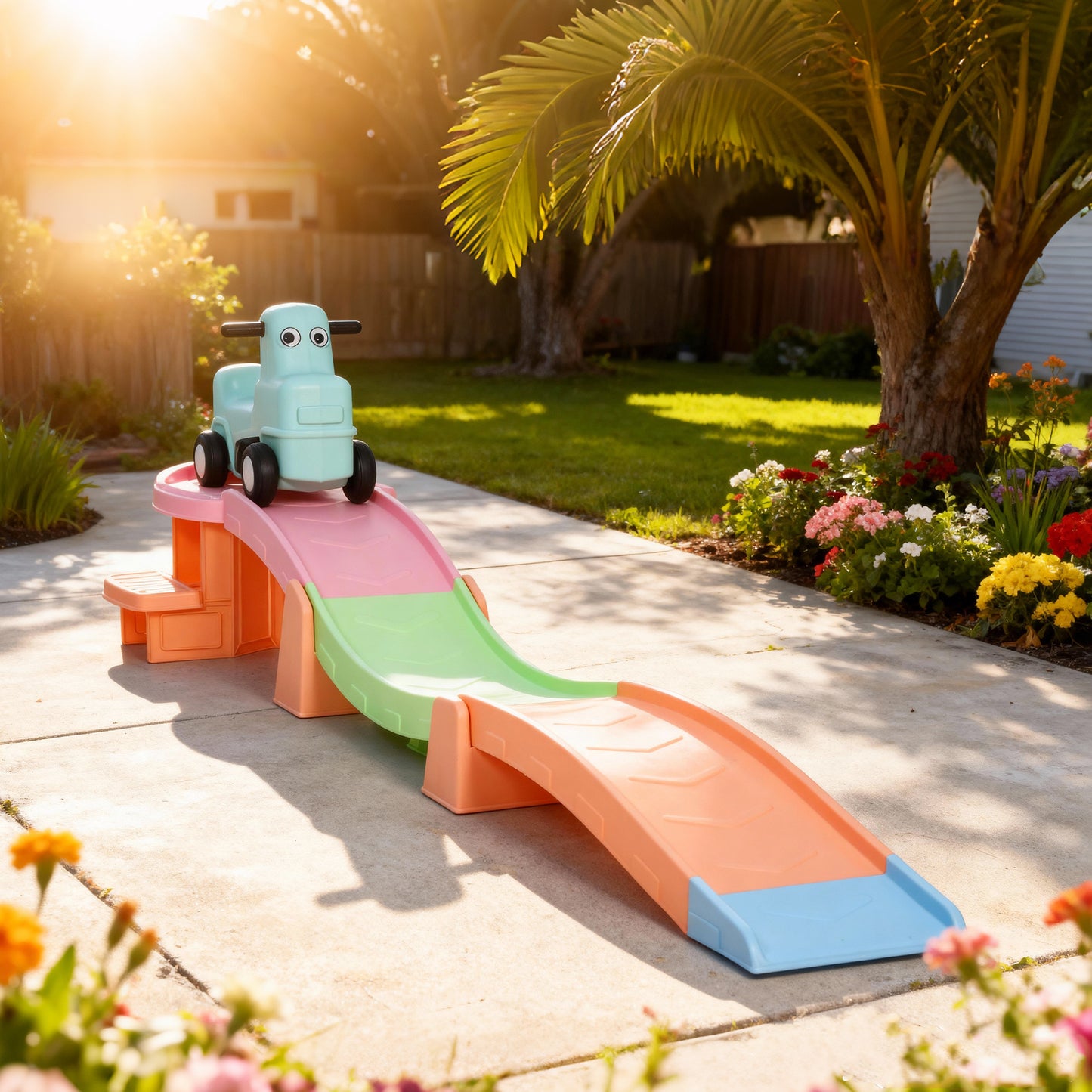 AIYAPLAY 3(m) Four-Piece Ride on Kids Roller Coaster w/ Non-Slip Steps, for Ages 2-5 Years - Orange