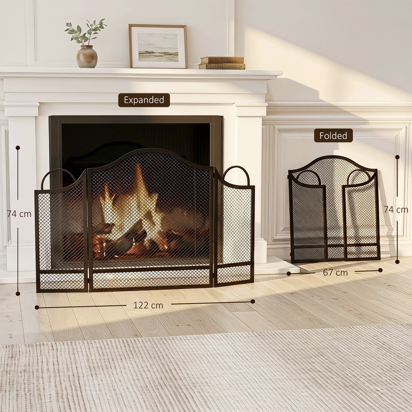 HOMCOM Floral 3-Panel Folding Fireplace Screen for Hearth Protection, Heat-Resistant Metal Fire Spark Guard, Black