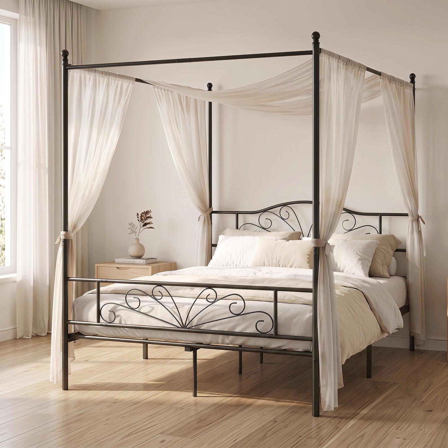 HOMCOM Canopy Bed Frame King Size, Metal Platform Bed Frame with Headboard and Footboard, Underbed Storage, Black